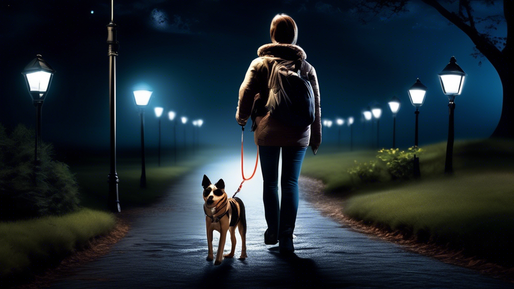 Create an image depicting a nighttime scene with a dog owner walking their dog using a flexi dog leash. Emphasize the leash