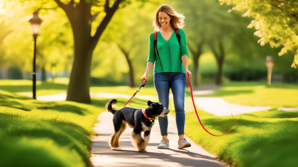 Create an image portraying a joyful scene of a person walking their dog using a flexi dog leash in a picturesque park. The person and the dog should both appear happy and engaged, with the dog exploring a bit ahead but still connected to the owner. Highlight the adjustable length of the leash, allowing for more freedom of movement. Show vibrant surroundings with plenty of green space, suggesting a pleasurable and natural walking experience that enhances bonding and training interactions using the flexi dog leash. Include a sense of dynamic motion to emphasize the natural movement facilitated by the leash.