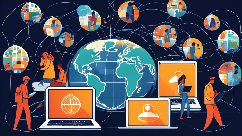 An illustration of a diverse group of people streaming international content on various devices such as smartphones, tablets, and laptops, while a globe with connected lines signifies global connectivity. At the same time, a traveler in an airport uses a VPN on a laptop, ensuring secure access to their home country