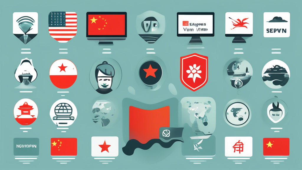 Create a detailed and comprehensive illustration titled The Best VPNs That Work in China. The image should include a split-screen visual with five different sections, each representing a popular VPN service: ExpressVPN, NordVPN, Surfshark, Astrill, and Other notable mentions (like VyprVPN, PrivateVPN). For each section, show the VPN