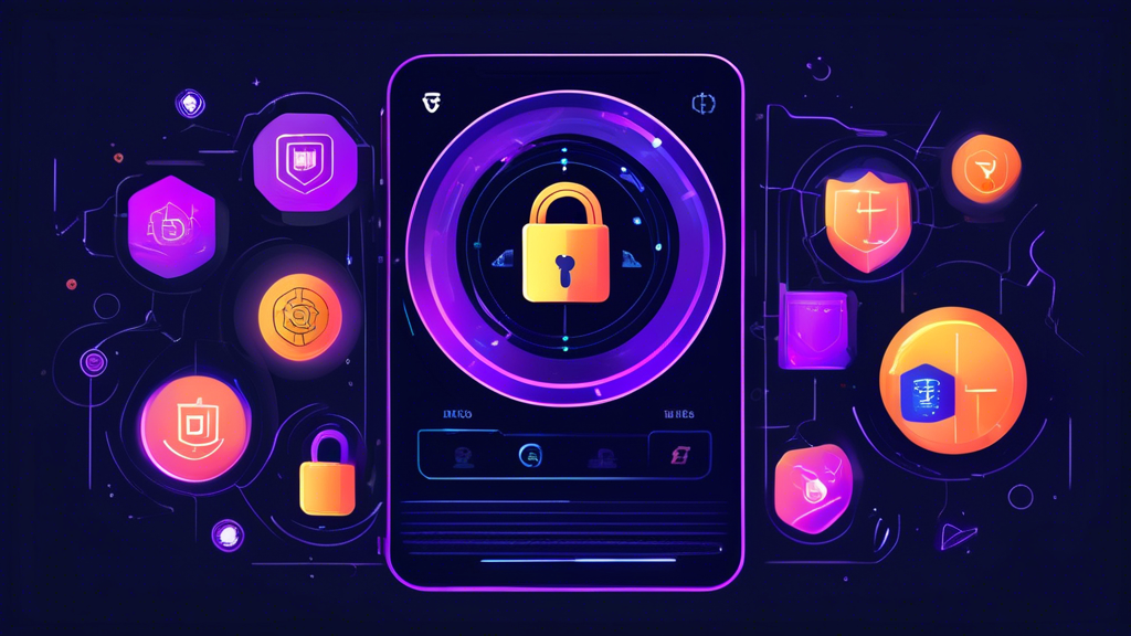 Create an image that visually represents the importance of security measures and encryption standards in crypto trading apps. Imagine a sleek, modern dashboard of a crypto trading app with various security icons prominently displayed. Show elements like a shield symbolizing protection, a locked padlock for encryption, and biometric fingerprint and facial recognition icons. The background should hint at digital technology, with abstract lines of code or matrix-style graphics, emphasizing the high-tech environment. The overall feel should be sophisticated and secure, highlighting the app