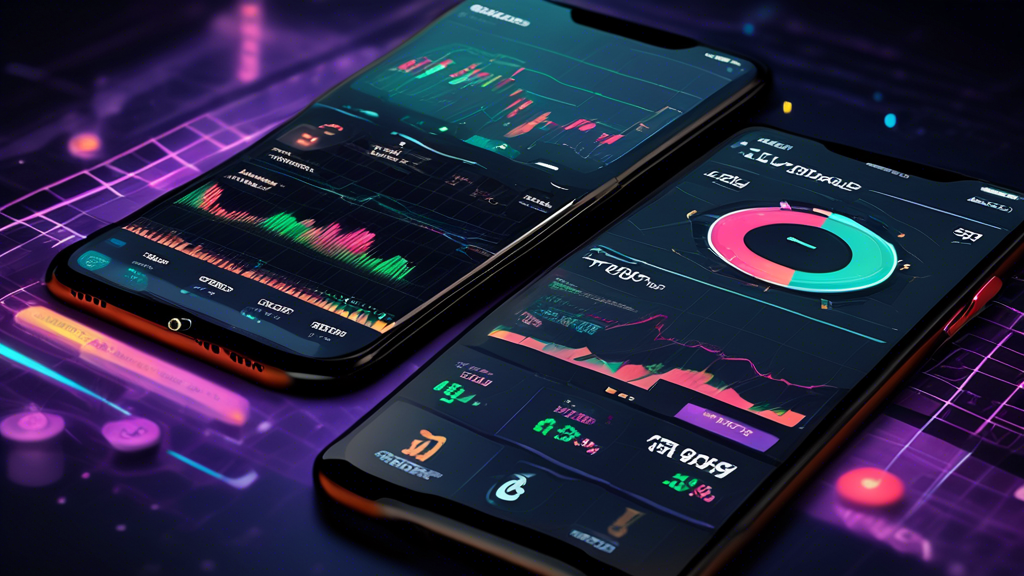 Create an image that illustrates a high-tech crypto trading app interface loaded with various analytical tools. Show a mobile device screen displaying real-time market data, including candlestick charts, performance graphs, and trading volumes. Include elements like customizable alerts popping up for significant market movements and highlight features like toolbars with various analysis options. The background can depict a futuristic setting to emphasize the advanced capabilities of the app.