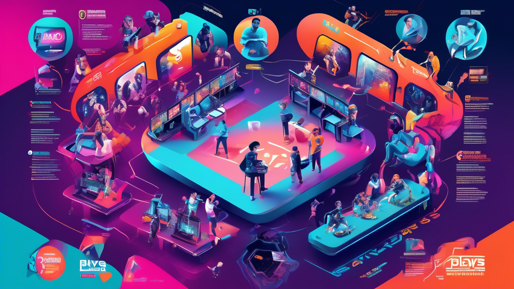 An illustrated infographic showing the impact and influence of PlayVS Esports on the future of competitive gaming. The image features vibrant visuals of young gamers celebrating victories, charts with positive statistics, and logos of various partnerships and sponsors like gaming companies and educational institutions. It also includes futuristic elements symbolizing emerging trends and the role of PlayVS in expanding the esports ecosystem. Keywords: playvs esports, future of competitive gaming, young gamers, partnerships, education impact.