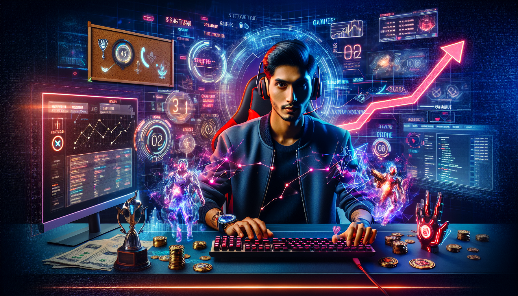 Create an image showing a confident player named Joe using a computer, immersed in the world of CSGORoll.com. Surround Joe with visual elements representing his winning strategies, such as graphs and charts with upward trends, strategy notes pinned on a corkboard, and a holographic overlay displaying gaming tips. The background should feature a sleek, modern gaming setup with vibrant LED lighting, conveying a high-energy, focused atmosphere. Include subtle indications of successful outcomes, like trophies or badges on the desk. Keywords: joe csgoroll com.