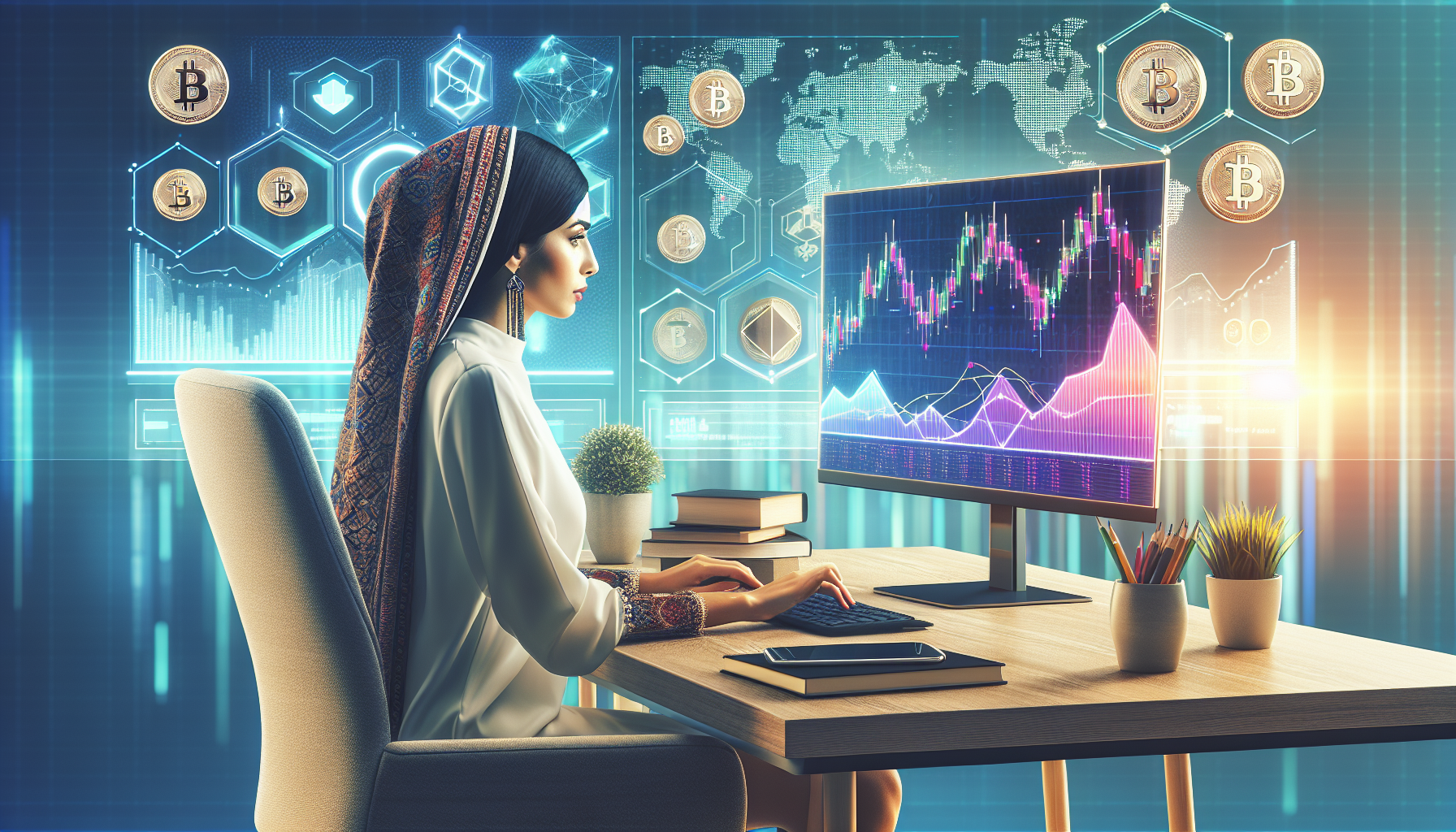 Create an image that shows a person sitting at a desk, focused and engaged in a computer screen displaying a cryptocurrency trading platform in demo mode. The background should include elements like graphs, digital tokens, and educational resources such as books and notepads. The atmosphere should convey a sense of learning and experimentation without financial risk, highlighting the benefits of practice trading.