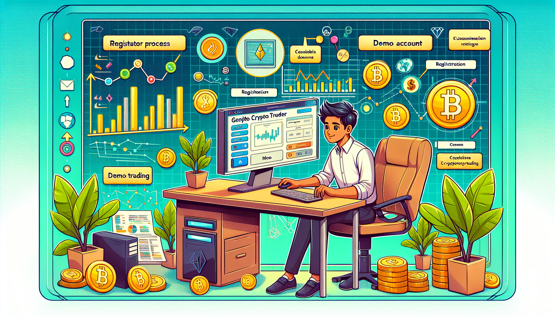 **DALL-E Prompt:**

Create an image depicting the journey towards success through crypto demo trading. The scene should show a beginner trader at a computer, setting up a demo account on a sophisticated cryptocurrency trading platform. The background can include elements such as charts, graphs, and various cryptocurrencies to represent the analytical side of trading. Additionally, include visual cues for registration steps, customization of the demo account, and a clear progression towards real trading. The overall atmosphere should be encouraging and optimistic, highlighting the initial steps in a journey towards successful crypto trading.