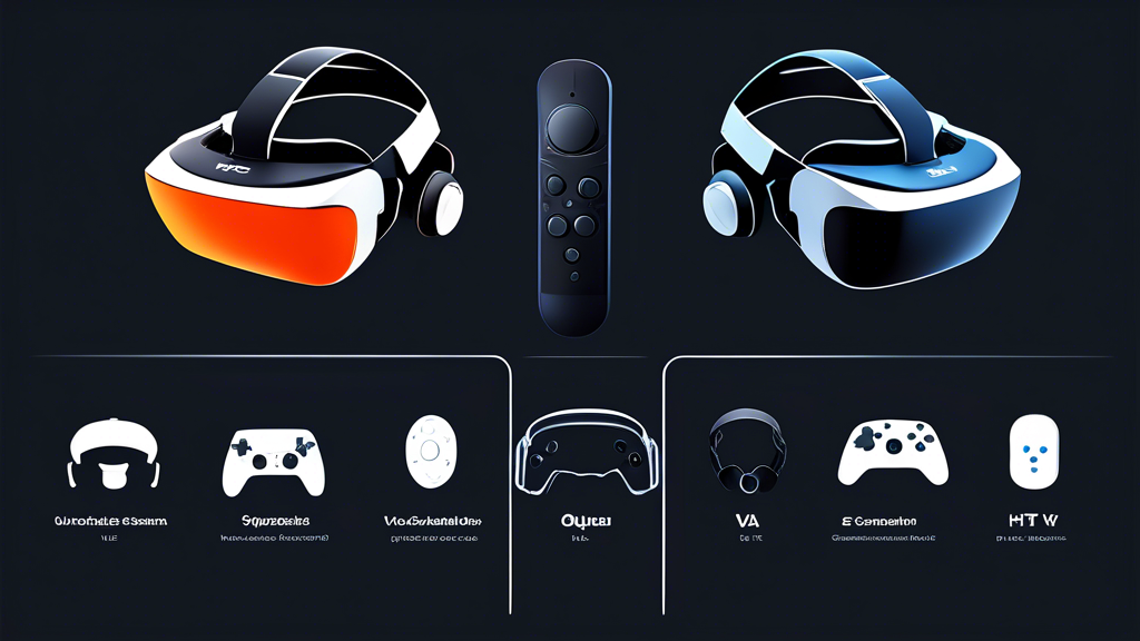 Create an image that shows a detailed comparison chart of different VR systems including the PS5 VR, Oculus Quest 2, and HTC Vive. The chart should highlight various aspects such as price, features, and performance metrics. Surrounding the chart, depict the VR headsets alongside their respective controllers, illustrating a visual comparison. Use sleek, modern graphics and a neutral color palette that emphasizes clarity and professionalism.