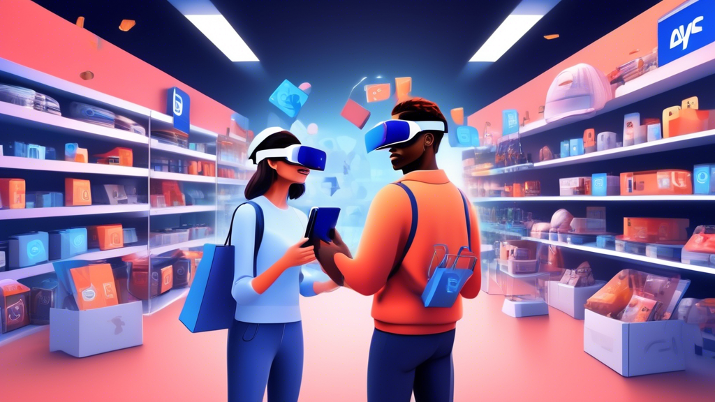 Create a detailed and visually appealing image illustrating various tips for finding the best deals on PS5 VR. Show a shopper comparing prices on different online platforms, monitoring sales, and looking at discount offers. Include elements like a shopping cart, price tags with various discounts, and icons representing new and refurbished units. The scene should be technology-focused, modern, and convey the excitement of finding great deals on PS5 VR.