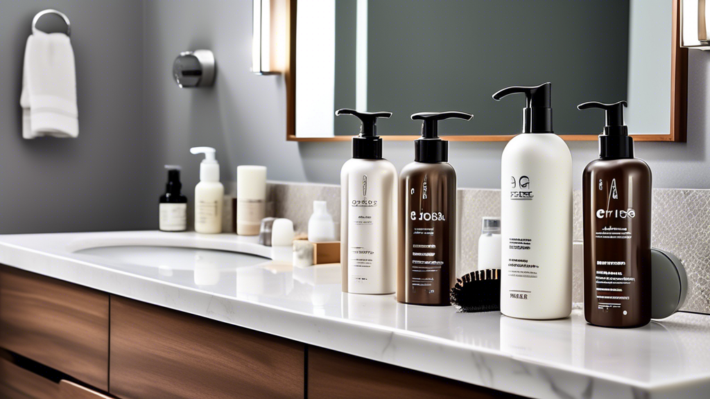 A modern bathroom vanity with a well-lit mirror, showcasing an array of high-quality hair care products specifically designed for color-treated hair. The background features a countertop with shampoos, conditioners, and leave-in treatments labeled for maintaining vibrant ash brown foils. A towel, comb, and brush lie neatly beside the products, emphasizing an easy daily hair care routine. In the corner, a small plant adds a touch of nature and freshness to the scene. The overall atmosphere is clean, organized, and inviting, reflecting the importance of proper maintenance for beautifully colored hair.