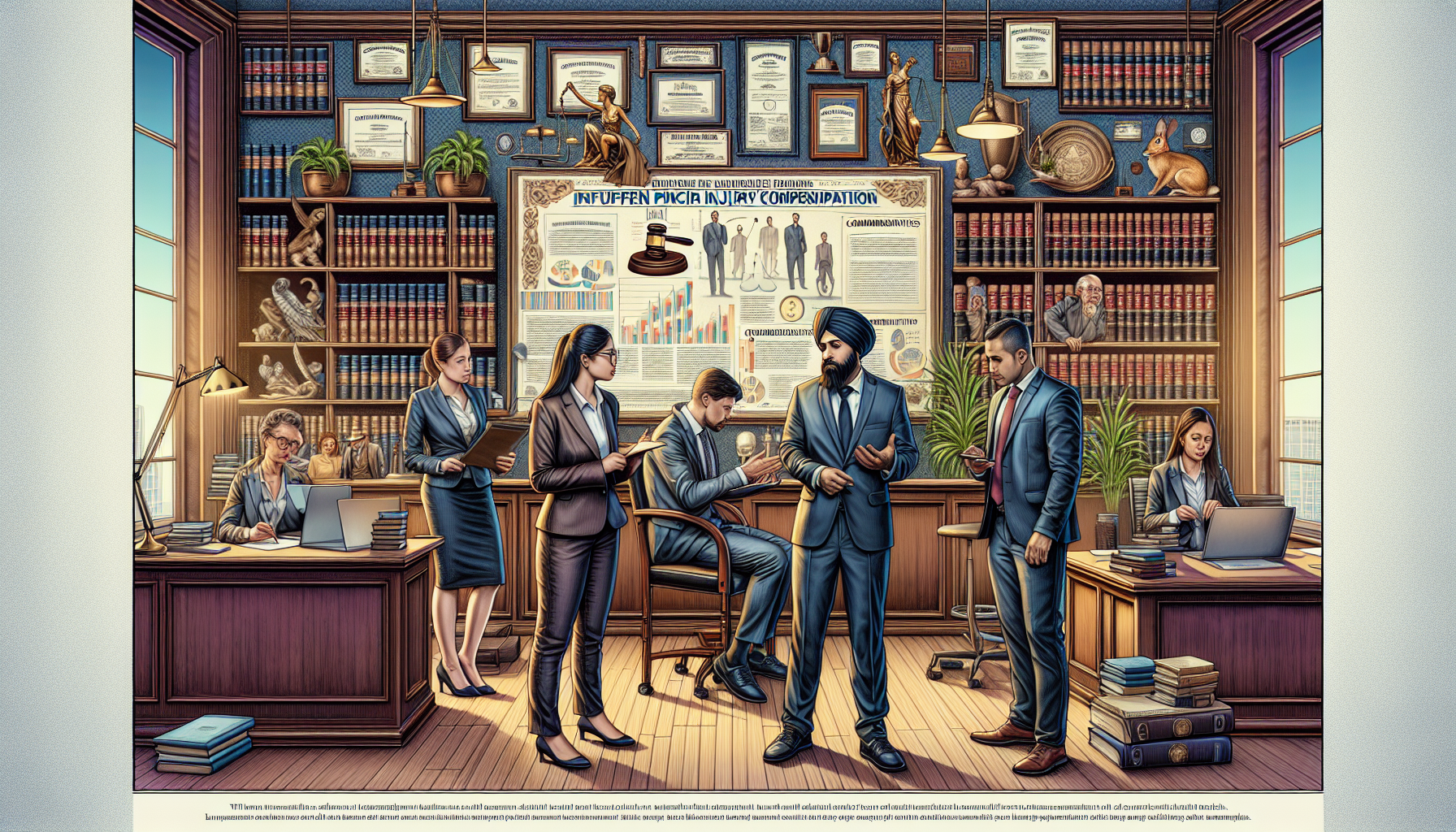 DALL-E prompt: A detailed, professional office setting with a diverse group of people engaging in a discussion. The scene is a lawyer