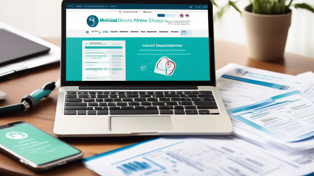 Create an image that features a busy home office desk with a laptop displaying an online medical directory website. Surrounding the laptop are a smartphone showing a healthcare app, a printed list of local clinics and hospitals, and a flyer from a local Department of Transportation office. Each of these items should be highlighted to indicate they are valuable resources for locating reliable DOT physical doctors near me.
