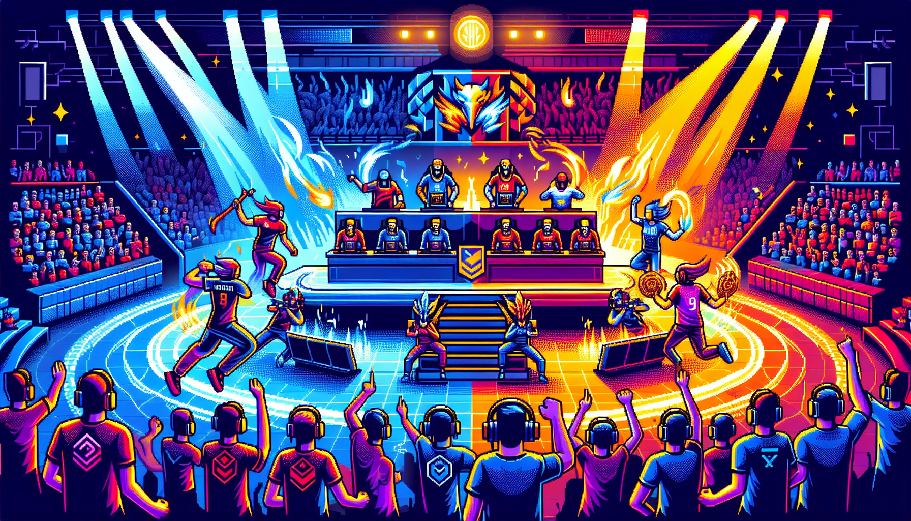 Prompt for DALL-E: 

Create an electrifying image showcasing the top teams and star players competing in the M4 Mobile Legends: Bang Bang Championship. Feature a mix of team logos and dynamic action poses of the star players, emphasizing their skill and achievements. Use a vibrant esports arena as the background to capture the thrilling atmosphere of the championship. Highlight the intensity and excitement of the competition by including elements such as cheering fans, dramatic lighting, and virtual effects. 

Keyword: m4 mlbb