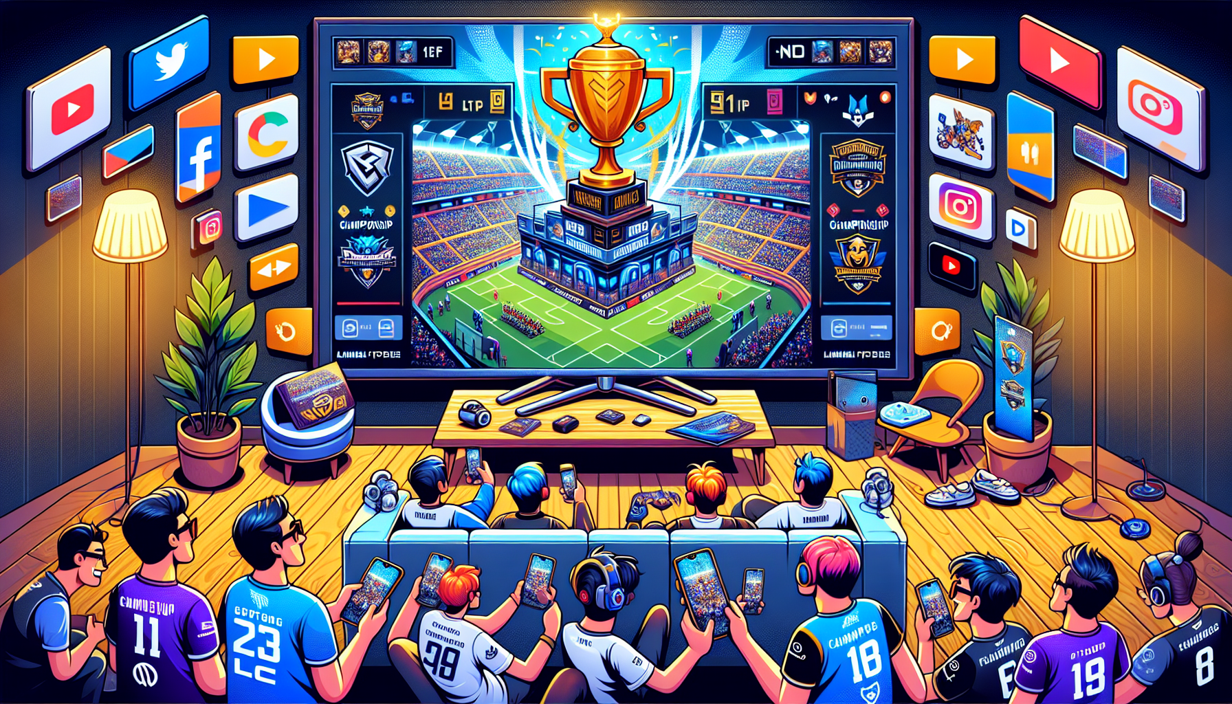 Create an illustrative image showing excited Mobile Legends: Bang Bang fans watching the M4 MLBB Championship on a large, modern TV in a cozy living room setting. Surround the scene with various streaming platforms