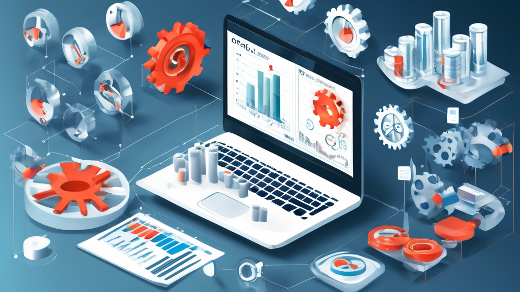 Create a detailed digital illustration showcasing the benefits of Oracle ERP for businesses. The image should highlight key advantages such as the automation of business processes with visual elements like gears and flowcharts to represent efficiency. Include elements symbolizing real-time data analysis and reporting tools, like dashboards and graphs on screens, to represent data-driven decision-making. Furthermore, depict cost savings and ROI with symbols like currency, bar graphs showing a reduction in costs, and a growing investment line. The background should subtly incorporate Oracle