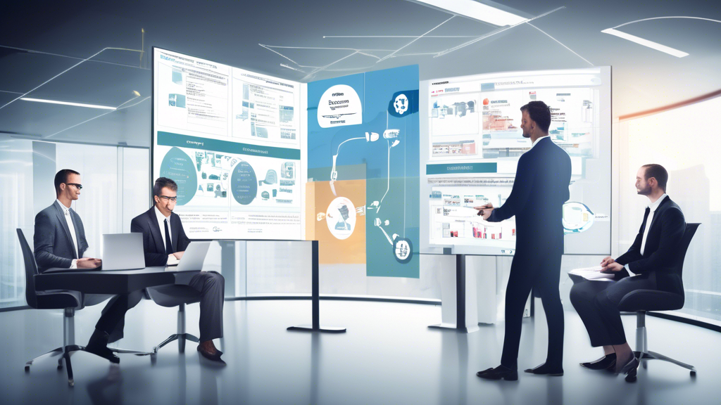 Create an image showcasing the implementation process of Oracle ERP in a business setting. The image should feature three main stages: planning and preparation with a team analyzing and defining goals; execution with IT specialists configuring systems and migrating data; and sustainable integration with a team performing maintenance and training sessions. The background should reflect a modern, high-tech office environment. Include visual elements like charts, flow diagrams, and Oracle ERP icons to emphasize the technological aspect.
