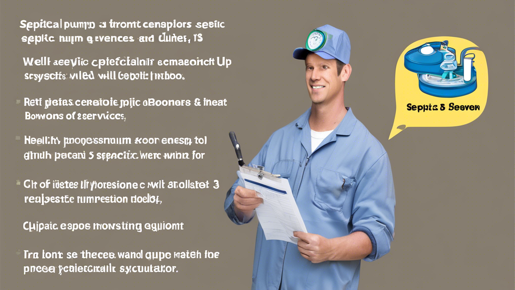 DALL-E prompt for an image that relates to outline point #3:

A split-screen image showing a homeowner comparing two septic pump repair service options. On the left, a professional technician in uniform with a clipboard and tools, standing next to a well-maintained septic system. On the right, a list of questions and a calculator, representing the process of evaluating quotes and service offerings. The background shows a suburban home with a neatly landscaped yard.