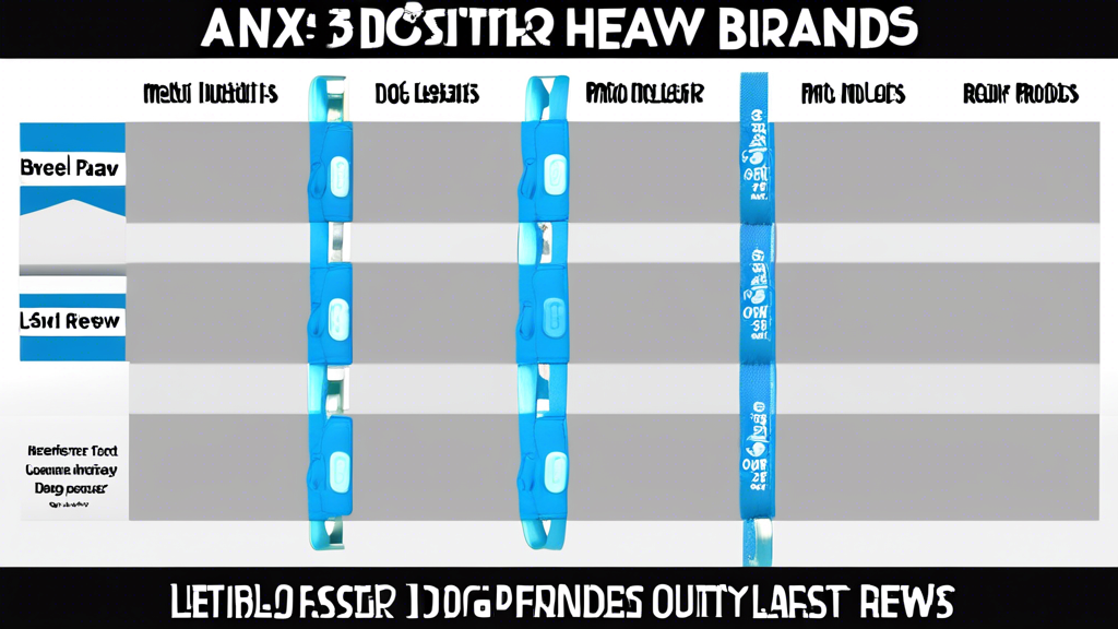 Create an image of a visual comparison of popular heavy duty dog leash brands, featuring well-known brands like Ruffwear, Max and Neo, and Mighty Paw. Display the leashes in various colors and styles, highlighting their pros and cons with brief text annotations. Include customer review snippets and emphasize aspects like durability, material quality, and unique features of each brand. The background should be clean and neutral to keep the focus on the leashes and their comparative information.