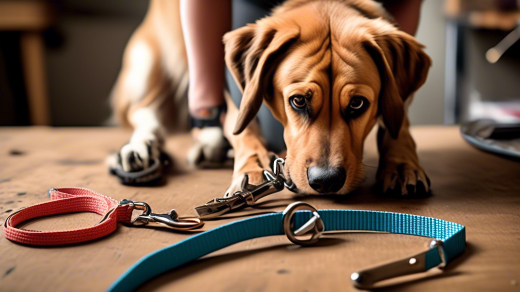 An image showing a rugged, heavy duty dog leash being inspected for wear and tear by a pet owner. The scene includes tools like scissors and a checklist on a wooden table, with a large, strong dog sitting obediently in the background. The focus is on the owner checking the clasps and stitching of the leash, emphasizing the safety and maintenance aspect.