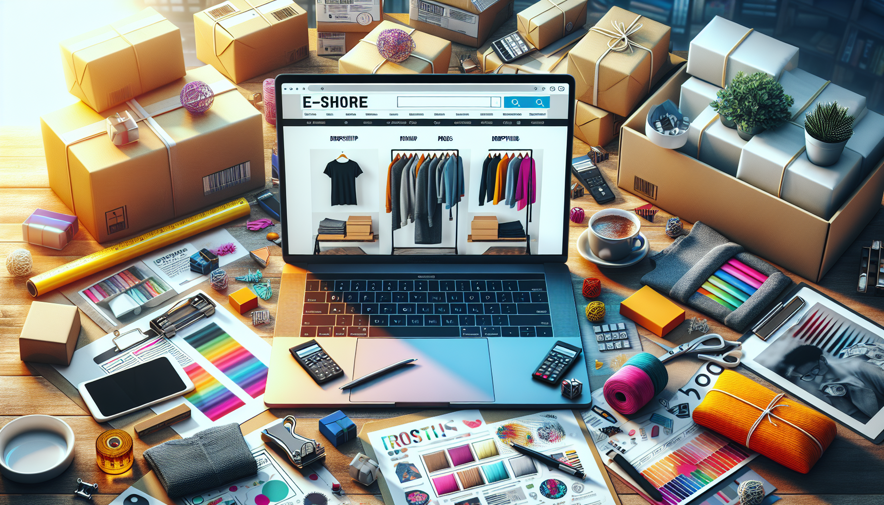 Create an image showcasing the concept of e-commerce ventures like dropshipping and print on demand. The image should include elements like a laptop displaying an online store, packages being prepared for shipping, and various customized products like t-shirts and mugs being printed. Incorporate a professional yet vibrant setting, emphasizing the entrepreneurial spirit and potential success in e-commerce. Include a mix of modern, fashionable items to highlight the diversity of products that can be sold through these online businesses.