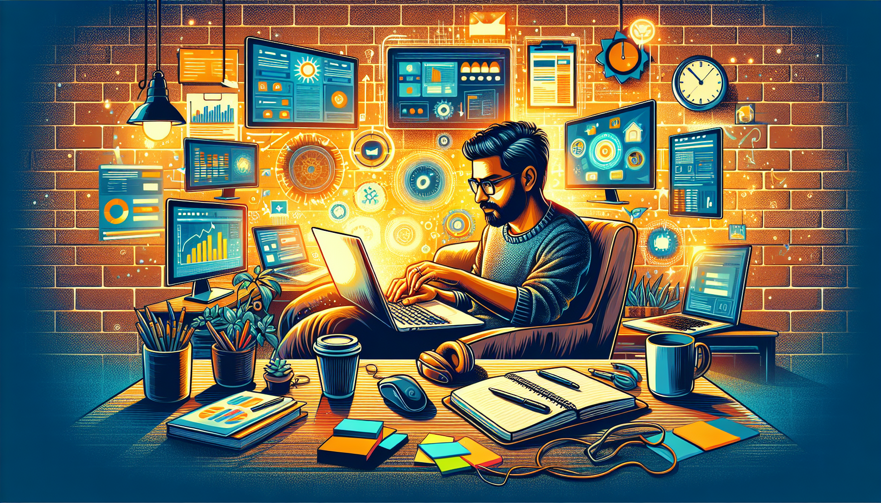 Create an image showcasing a person working on a laptop in a cozy home setting, multitasking on different screens that display remote customer service and virtual assistant tasks. The background should include elements such as a coffee cup, planner, and tools like headphones and notepads. The scene should reflect productivity and a sense of accomplishment. Tags to include: remote service jobs, online side hustles, make money from home, and virtual assistant work.