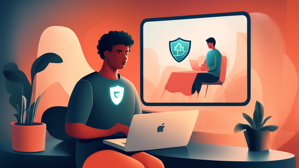 Illustration of a person using a MacBook in a cozy home setting, with a VPN shield icon superimposed on the screen. The backdrop shows a secure digital environment, highlighting privacy and security. The user