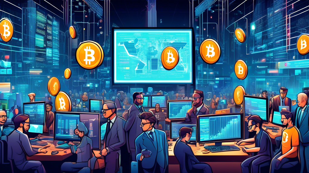 A detailed illustration of the cryptocurrency market, showcasing a blend of technological advancements like blockchain innovations, regulatory documents being examined by government officials, and a media newsroom highlighting varied sentiments, all influencing market trends.