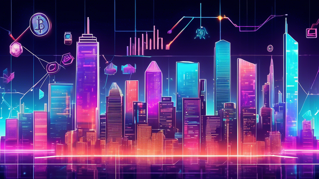 Create an image of a futuristic cityscape with holographic charts and graphs displaying cryptocurrency symbols and market trends. Include elements like advanced blockchain technology, digital coins floating around, and projections of rising market graphs. The scene should feel forward-looking, highlighting upcoming technologies and the potential growth of the cryptocurrency market amidst a backdrop of global economic elements.