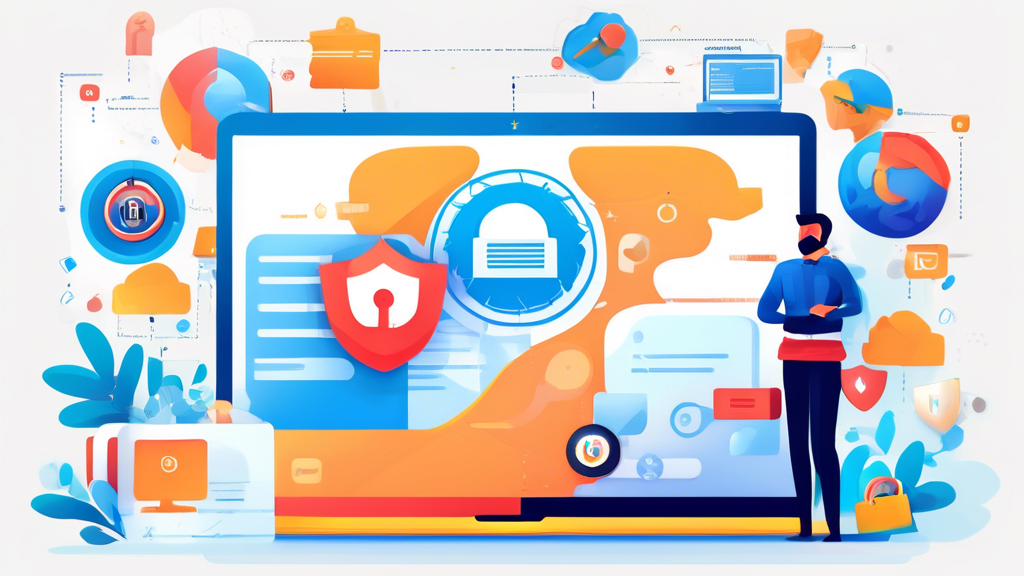 Create an image showcasing a user carefully selecting an online private browser on their laptop, with various browser icons displayed, each featuring their security features, privacy policies, user interface elements, and community support infographics. The background includes symbols of security like padlocks and shields, and a pop-up showing the importance of regular updates.