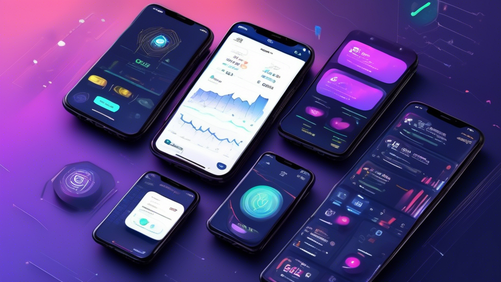 Create an image showcasing the top 5 crypto trading apps of 2023. The scene should display mobile phones with each app open, highlighting their user interfaces. Include visual comparisons such as user ratings, transaction fees, and security features with icons and text overlays. The setting should be modern and tech-savvy, with a focus on innovation and ease of use. Add user reviews and performance metrics in a sleek design to illustrate the apps’ rankings and functionalities.