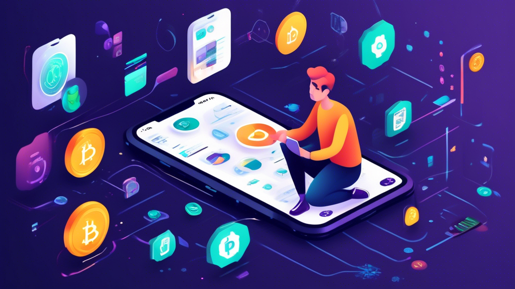 Create an image focusing on the process of selecting the best crypto trading app. The scene should include a person holding a smartphone with various app icons related to crypto trading displayed on the screen. Surrounding the person should be illustrated criteria such as compatibilité mobile, support client, crypto-monnaies disponibles, sécurité, and fiabilité, in a visually engaging way. The background can feature abstract technological elements like blockchain symbols, cryptocurrency icons, and secure locks to emphasize security and reliability.