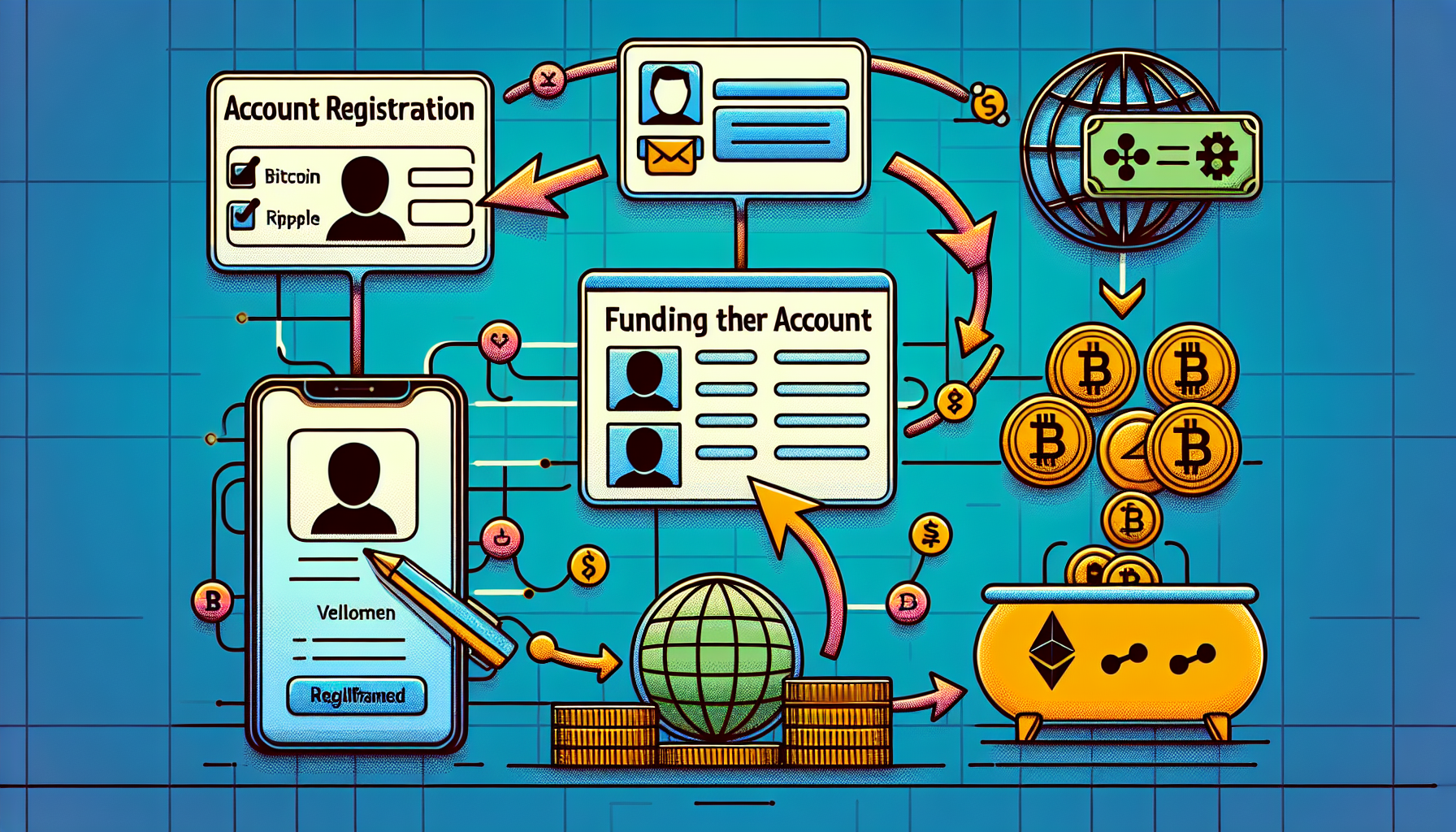 Create an image that illustrates the process of using Binance for cryptocurrency exchange. The image should depict a step-by-step guide, including account registration, verification, funding the account, and selecting the cryptocurrency for exchange. Incorporate visual elements like forms or interfaces for the registration and verification steps, a digital wallet for funding, and various cryptocurrency icons. Use a modern and sleek design that reflects the tech-savvy nature of the Binance platform.