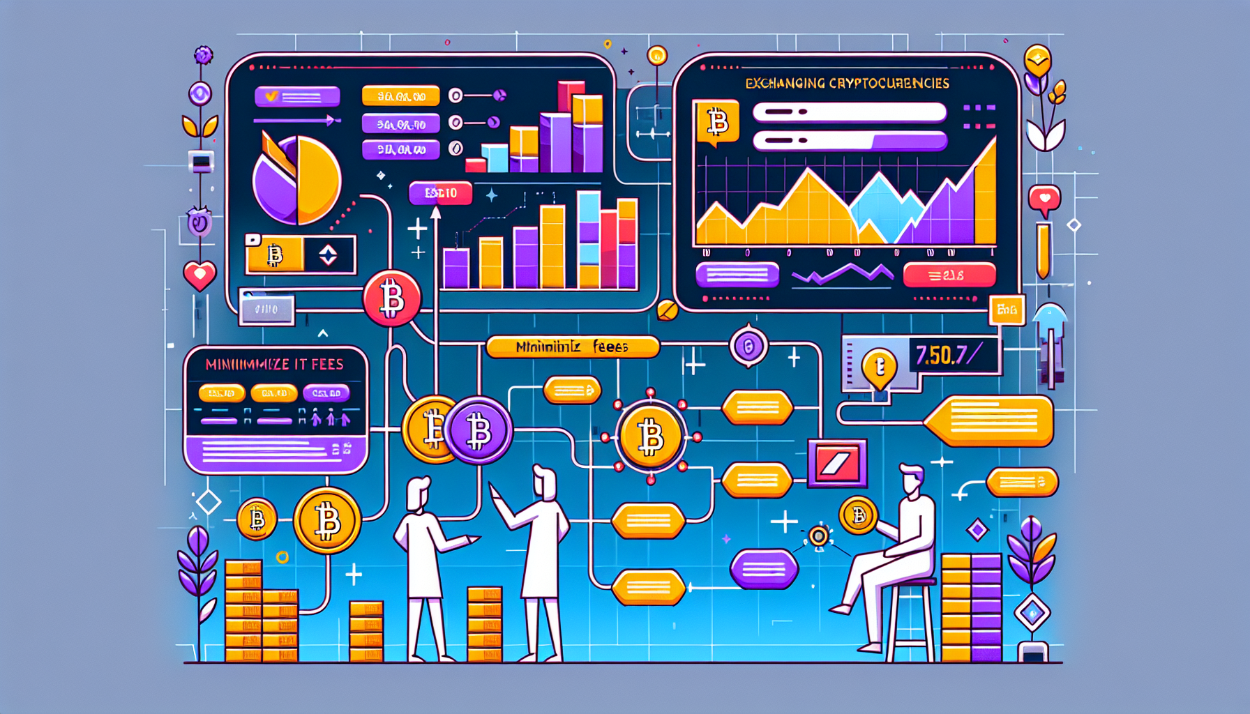 Create an image that visualizes helpful tips for exchanging cryptocurrencies on Binance. The image should depict a user-friendly interface showing the process of minimizing fees, obtaining the best exchange rates, and essential safety measures. Include visual cues like graphs, tips, and alert signs to avoid common mistakes. Balancing light, modern colors with an emphasis on clarity and accessibility will enhance understanding.