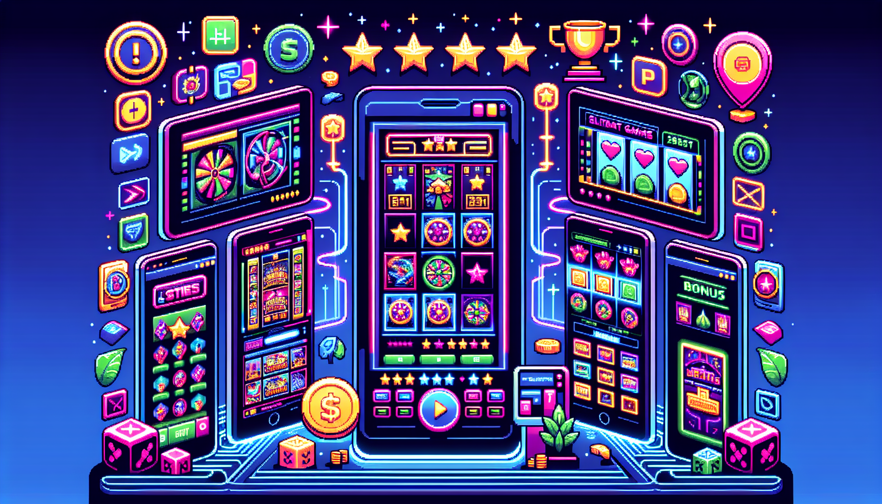 Create an image that showcases a vibrant and dynamic collection of top-rated online slot sites for 2023. The image should feature multiple screens or devices displaying various slot games with diverse themes and graphics. Highlight standout features such as user reviews, bonuses, and promotions in an eye-catching manner. Ensure there