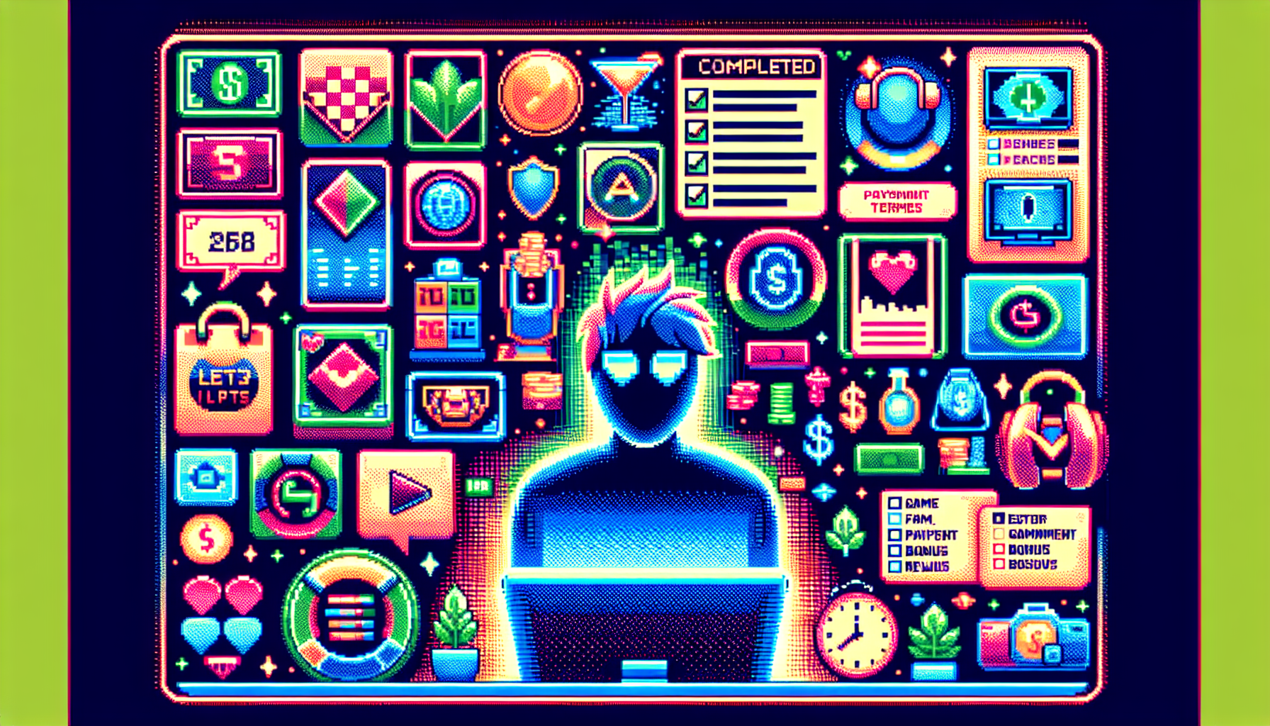 Create a vibrant digital illustration showing a person enjoying their experience on online slot sites. The person is surrounded by a variety of slot games icons, payment option symbols, and bonus reward badges. The background includes a checklist with tick marks next to items like 