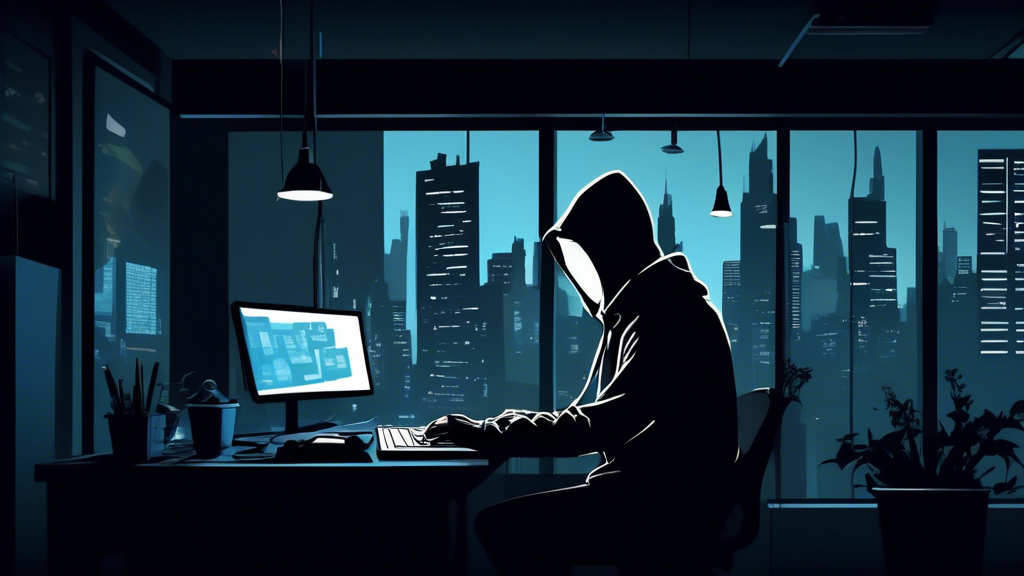 Create an image depicting the ethical and social implications of hacking. The scene should show a shadowy figure at a computer desk in a dark room, with a cityscape visible through the window. The individual should be facing a split screen: one half displaying benevolent activities like ethical hacking and helping secure systems, and the other showing malicious activities causing distress and damage. This visual representation should highlight the moral dilemmas hackers face, the impact their actions have on society, and the ongoing efforts in cybersecurity to combat these threats. The setting should feel tense and thought-provoking, emphasizing the duality of a hacker