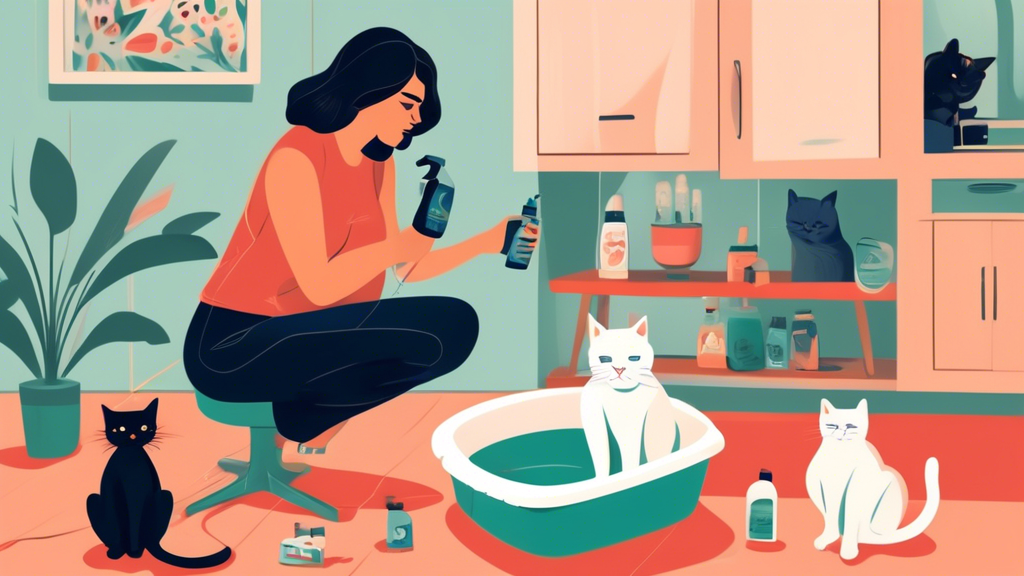 Create an image of a female cat comfortably and confidently using a litter box, while a worried owner is observing nearby with a puzzled expression, holding a bottle of calming spray. The scene should capture the essence of seeking help to address female cat spraying behavior in the litter box.