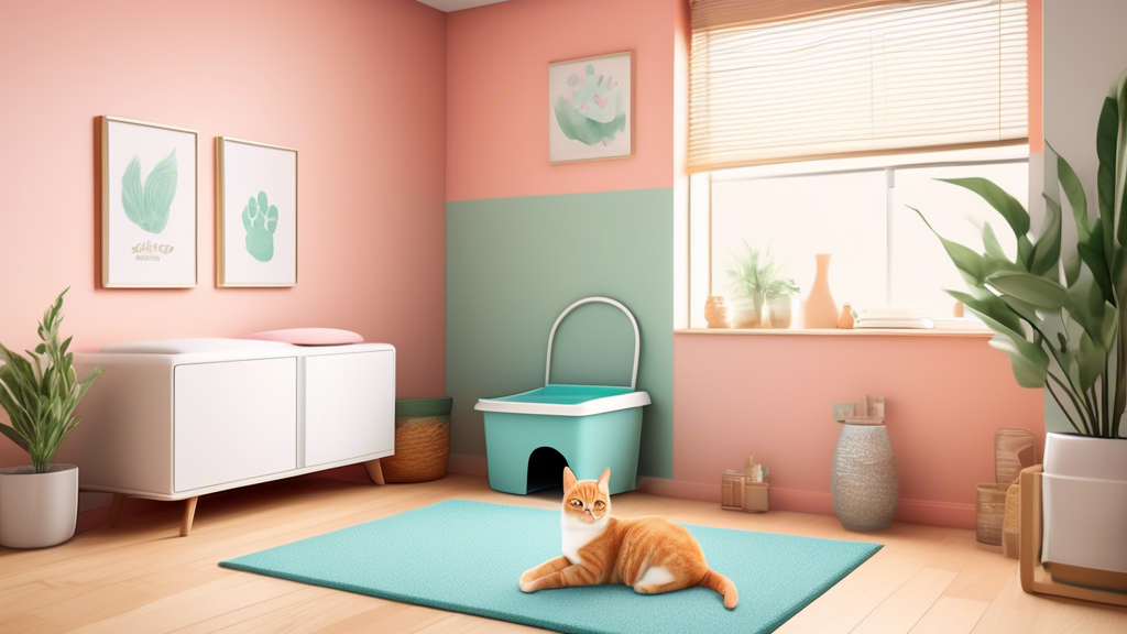 Create an image of a serene and organized litter box area specifically designed for a female cat, featuring elements such as a spacious litter box, soothing colors, and a comfortable mat for the cat to step on. The setting should project a peaceful and inviting environment for the cat to encourage positive litter box behavior.