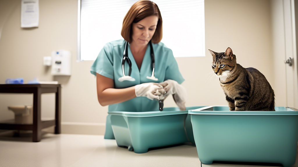 Create an image of a female cat peacefully using a clean litter box, while a caring veterinarian or animal behaviorist is providing behavioral therapy to address her spraying issues. The setting is a cozy veterinary clinic with a calming atmosphere. The focus is on the cat