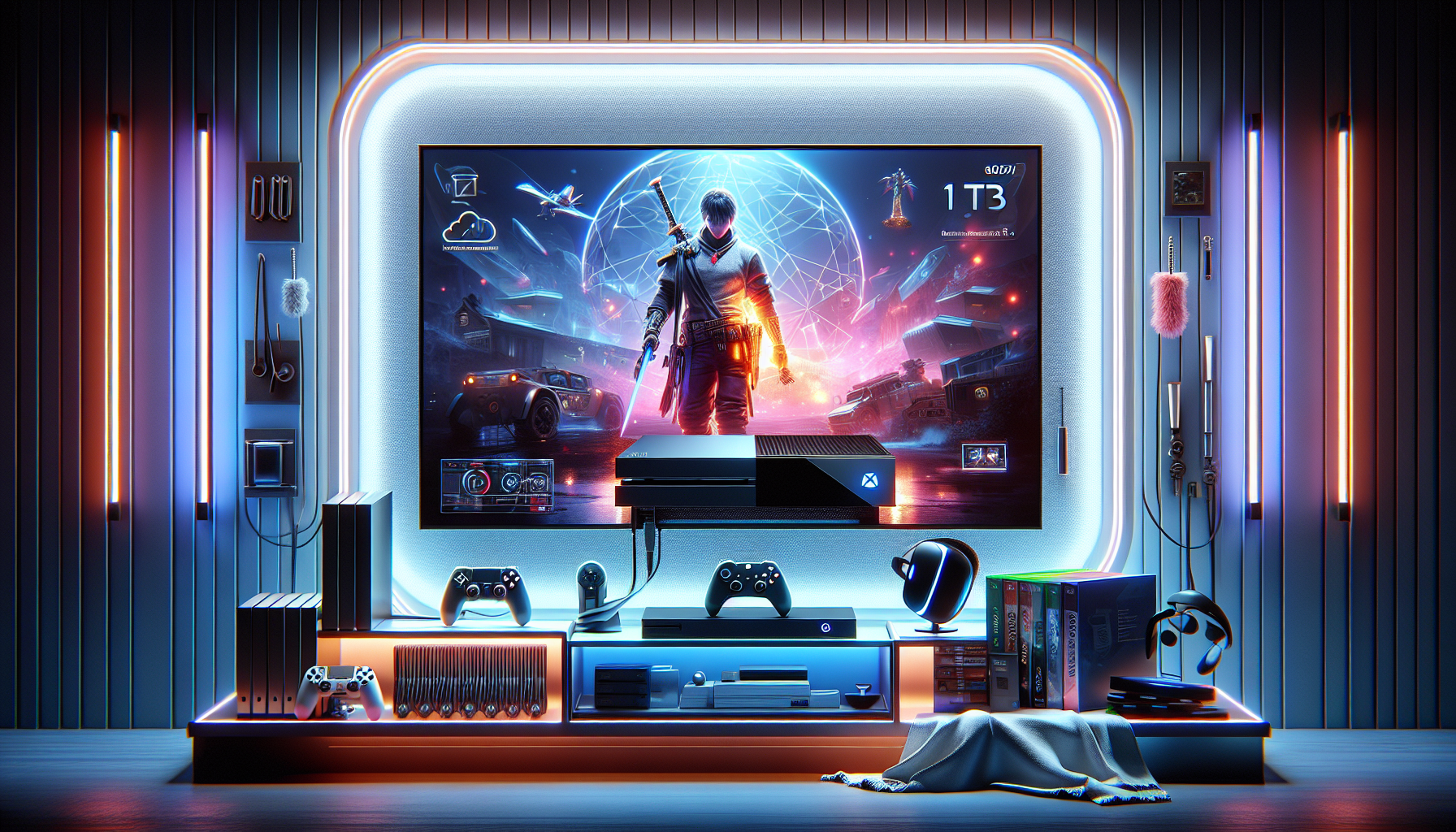 Create an image showcasing a sleek and modern gaming setup with a Playstation 4 Pro 1TB prominently displayed. The setup includes the console in an illuminated entertainment unit, a high-definition TV displaying a vibrant and action-packed game, and accessories such as controllers and VR headset neatly arranged. Highlight tips and tricks visually through elements like game storage boxes neatly organized, a digital interface illustrating system optimization settings, and maintenance tools like a microfiber cloth and air duster nearby, suggesting upkeep practices.