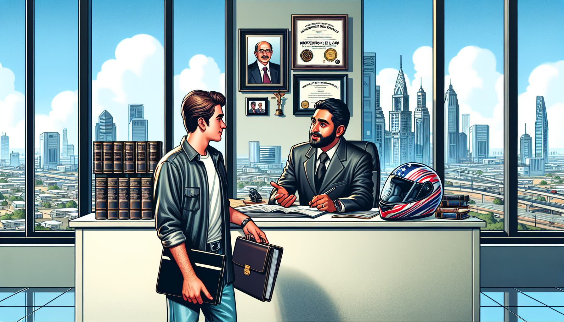 An illustration depicting a potential client sitting across from a motorcycle crash attorney in a professional office setting, asking questions from a list. The office is filled with legal books, a motorcycle helmet on the desk, and certificates of specialization in motorcycle law on the walls. The window shows a cityscape, indicating a local practice. Emphasis on the detailed engagement and attentive expressions of both individuals.