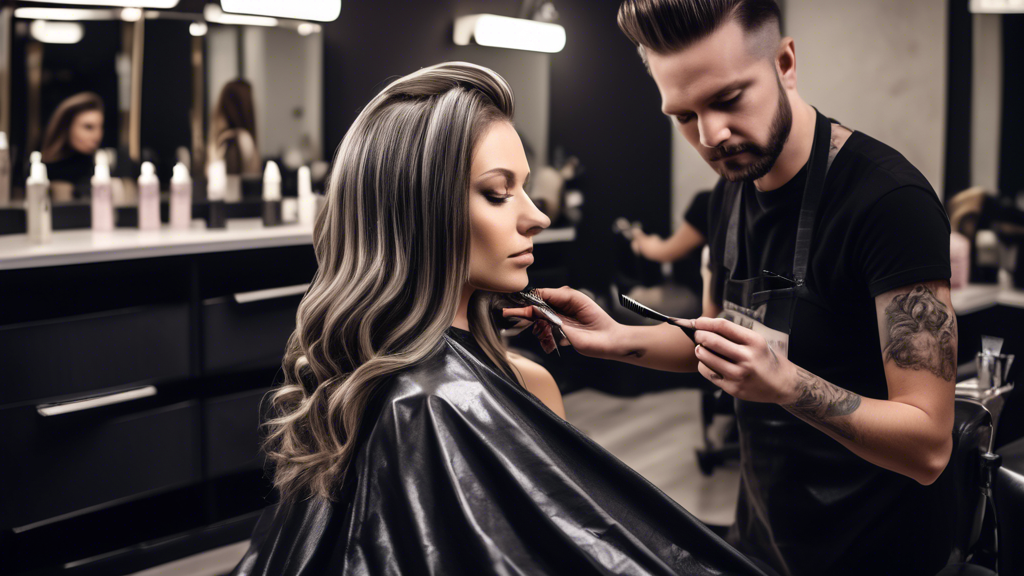 Create an image that depicts a hair salon setting where a hair stylist is meticulously applying ash foils to a client