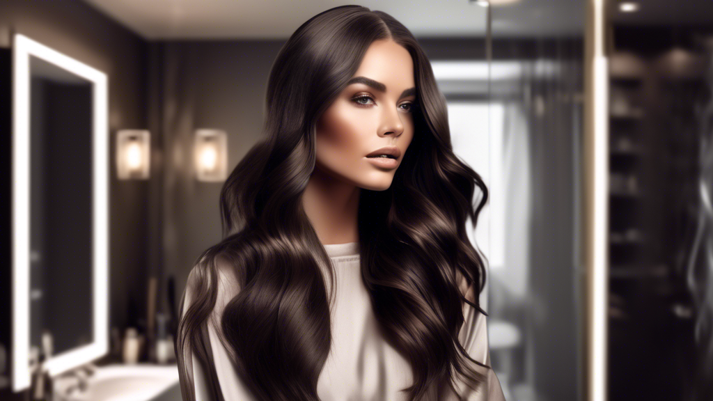 Create an image showcasing a stylish woman with dark hair featuring subtle ash foils. The scene should include her standing in a modern, chic bathroom, using recommended hair products to maintain her color. Display different hairstyles she could try, such as soft waves, braids, and sleek straight looks, represented by framed photos on the bathroom counter. The overall vibe should exude sophistication and elegance.