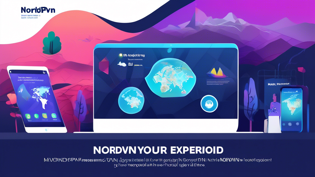 Create an image showing multiple devices like a laptop, smartphone, and tablet displaying the NordVPN interface. The background includes varied, vibrant digital landscapes symbolizing different regions of the world. Users are depicted analyzing the VPN