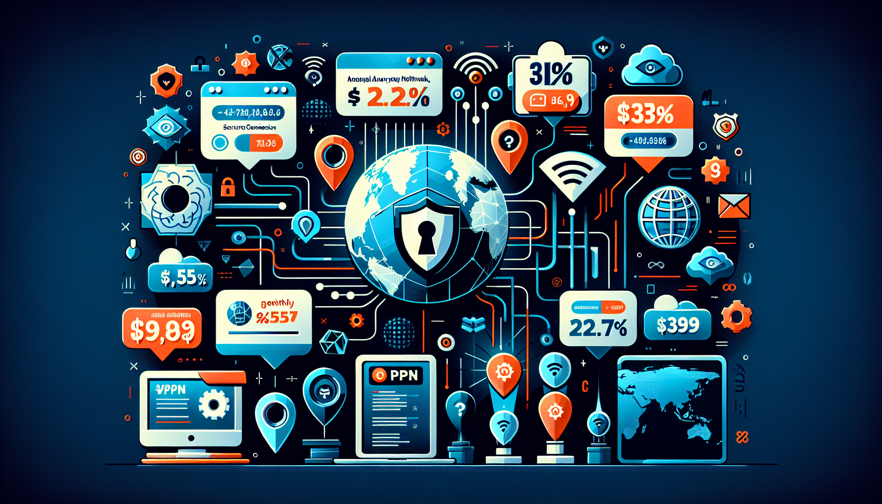 Create an image showcasing a variety of top VPN deals for 2023. Include different price tags, discount percentages, and promotion banners for major VPN providers. The image should have a modern, tech-savvy look with elements like secure connection icons, digital shields, and a global map in the background. Highlight the comparisons of prices, showcasing monthly, annual, and long-term plans in a visually appealing manner.