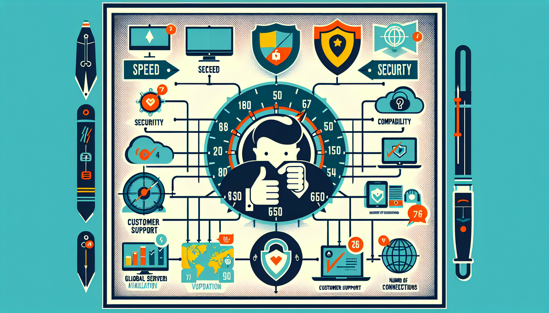Create an informative and visually engaging infographic that illustrates the key factors to consider when choosing the best VPN deal for your needs. Include elements such as speed, security, compatibility, customer support, number of simultaneous connections, and global server availability. Feature icons representing each factor (e.g., a speedometer for speed, a shield for security, different device icons for compatibility) and a clear step-by-step guide to help users maximize their investment in a VPN. Use a professional and modern design with a tech-savvy color palette.