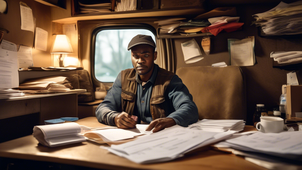 A truck driver sitting in a cozy, well-lit room with a table cluttered with documents and forms. The driver is meticulously organizing paperwork, including identification cards, medical history forms, and previous exam documentation. To one side, a cup of herbal tea and a notepad with lifestyle tips like ‘Get Adequate Rest,’ ‘Stay Hydrated,’ and ‘Avoid Caffeine
