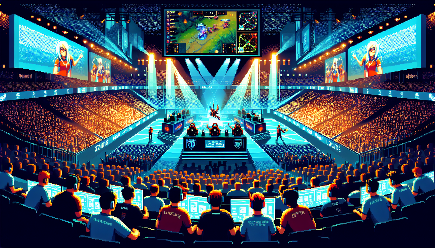 Create an image capturing the intensity and excitement of the 2022 LOL World Championship with a focus on standout teams and players. Illustrate top-performing teams in action, showcasing their journey to the finals with dynamic in-game moments and vivid, energetic colors. Highlight key MVPs and emerging stars with close-up shots, and depict critical matches and game-changing plays that defined the championship. The setting should be a bustling stadium filled with cheering fans and vibrant digital displays celebrating the eSports event.