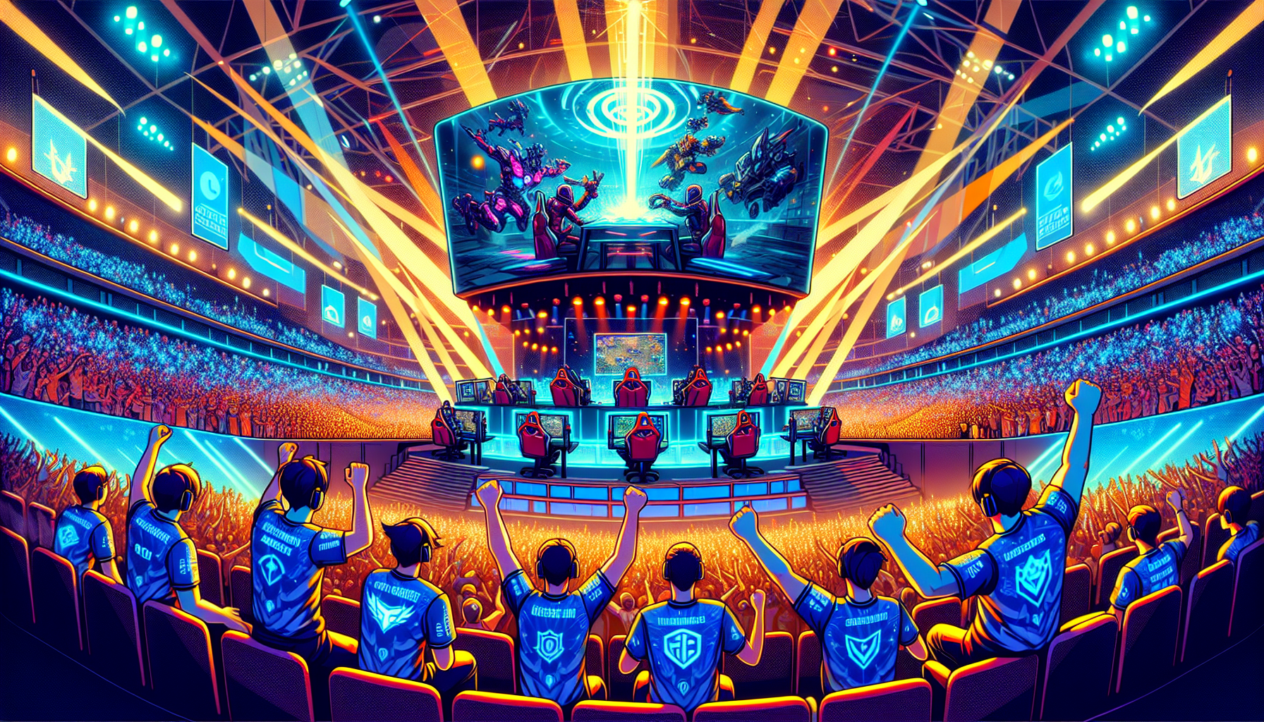 An electrifying scene from the LOL World Championship 2022: A packed arena filled with enthusiastic fans, colorful lights and banners showcasing various teams