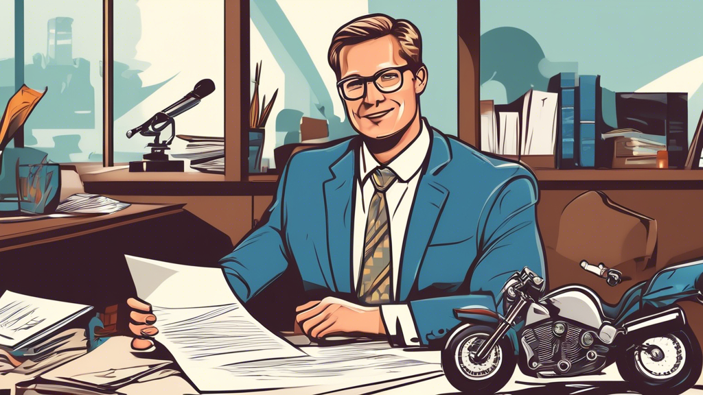 A DALL-E prompt to generate an image that relates to outline point #2 of the article How to Find the Best Motorcycle Accident Lawyer for Your Case could be:

Create a detailed illustration of a confident and professional motorcycle accident lawyer in an office setting. The lawyer is surrounded by symbols of success, such as trophies, certificates, and client testimonials pinned on a bulletin board. The office has a welcoming and accessible atmosphere, with the lawyer speaking clearly and thoughtfully with a client, showcasing qualities like experience, credentials, and good communication. Include elements such as books on law, a computer screen showing relevant case files, and a serene, well-organized workspace to convey trust and expertise.