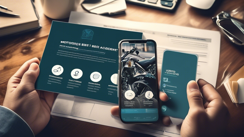 Create an image that illustrates the theme of finding the best motorcycle accident lawyer by incorporating several interconnected elements:

1. A digital interface displaying a prominent legal directory or review site, highlighting top-rated motorcycle accident lawyers.
2. A person receiving a friendly recommendation from a friend or family member, with an expression of trust.
3. Multiple business cards or legal resumes from different lawyers spread across a table, with someone thoughtfully evaluating them.
4. A motorcyclist consulting with a lawyer in an office, depicting an initial consultation.

All elements should be seamlessly woven together, showcasing the different avenues to find the best motorcycle accident lawyer. Make sure the atmosphere is professional yet approachable, emphasizing trust and thorough investigation.